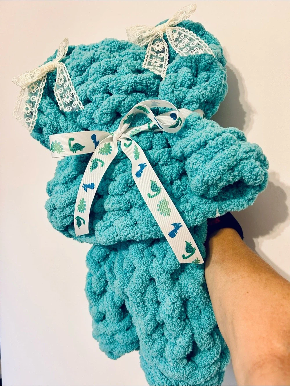 Hand Crafted Plush Light Mint Throw with Decorative Ribbon